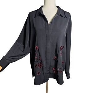 Alfred Dunner Black with Red Velvet and Embroidery Button Up Blouse 18